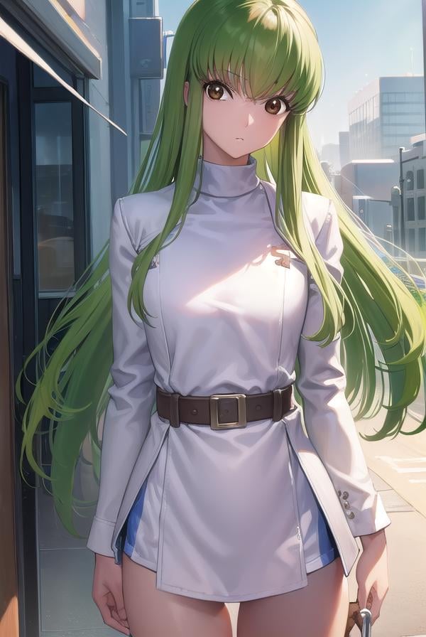 codegeasscc, <lora:codegeasscc-lora-nochekaiser:1>, cc, (brown eyes:1.5), green hair, long hair, straight hair,BREAK straitjacket, (white straitjacket:1.5), wide sleeves, belt, black belt,BREAK outdoors, city,BREAK looking at viewer, (cowboy shot:1.5),BREAK <lyco:GoodHands-beta2:1>, (masterpiece:1.2), best quality, high resolution, unity 8k wallpaper, (illustration:0.8), (beautiful detailed eyes:1.6), extremely detailed face, perfect lighting, extremely detailed CG, (perfect hands, perfect anatomy),