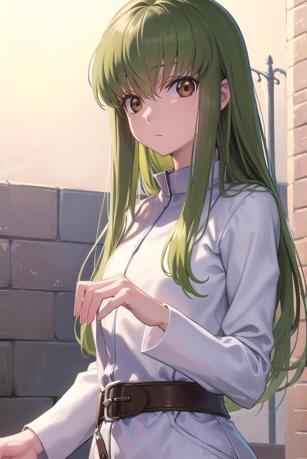 codegeasscc, <lora:codegeasscc-lora-nochekaiser:1>, cc, (brown eyes:1.5), green hair, long hair, straight hair,BREAK straitjacket, (white straitjacket:1.5), wide sleeves, belt, black belt,BREAK outdoors, city,BREAK looking at viewer, (cowboy shot:1.5),BREAK <lyco:GoodHands-beta2:1>, (masterpiece:1.2), best quality, high resolution, unity 8k wallpaper, (illustration:0.8), (beautiful detailed eyes:1.6), extremely detailed face, perfect lighting, extremely detailed CG, (perfect hands, perfect anatomy),