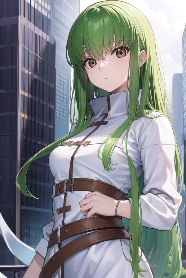 codegeasscc, <lora:codegeasscc-lora-nochekaiser:1>, cc, (brown eyes:1.5), green hair, long hair, straight hair,BREAK straitjacket, (white straitjacket:1.5), wide sleeves, belt, black belt,BREAK outdoors, city,BREAK looking at viewer, (cowboy shot:1.5),BREAK <lyco:GoodHands-beta2:1>, (masterpiece:1.2), best quality, high resolution, unity 8k wallpaper, (illustration:0.8), (beautiful detailed eyes:1.6), extremely detailed face, perfect lighting, extremely detailed CG, (perfect hands, perfect anatomy),