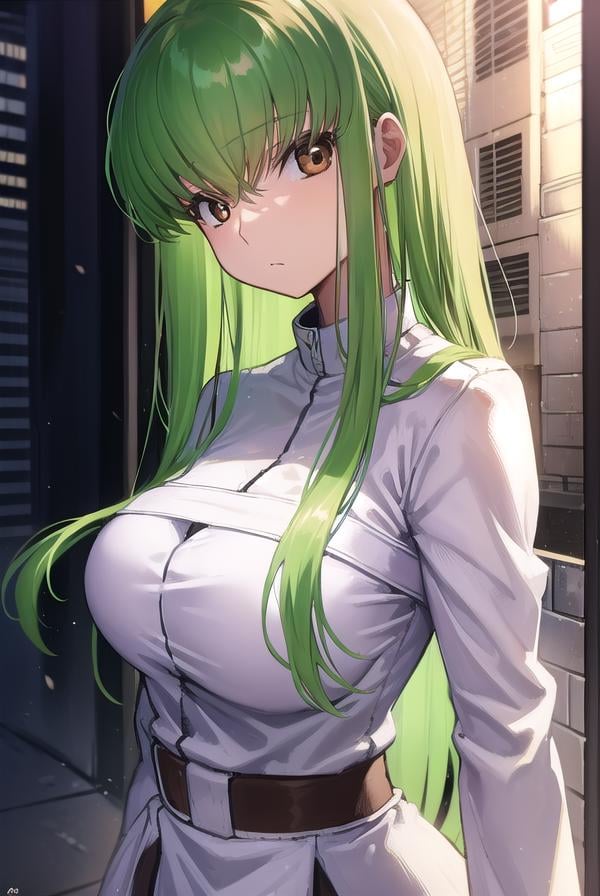 codegeasscc, <lora:codegeasscc-lora-nochekaiser:1>, cc, (brown eyes:1.5), green hair, long hair, straight hair,BREAK straitjacket, (white straitjacket:1.5), wide sleeves, belt, black belt,BREAK outdoors, city,BREAK looking at viewer, (cowboy shot:1.5),BREAK <lyco:GoodHands-beta2:1>, (masterpiece:1.2), best quality, high resolution, unity 8k wallpaper, (illustration:0.8), (beautiful detailed eyes:1.6), extremely detailed face, perfect lighting, extremely detailed CG, (perfect hands, perfect anatomy),