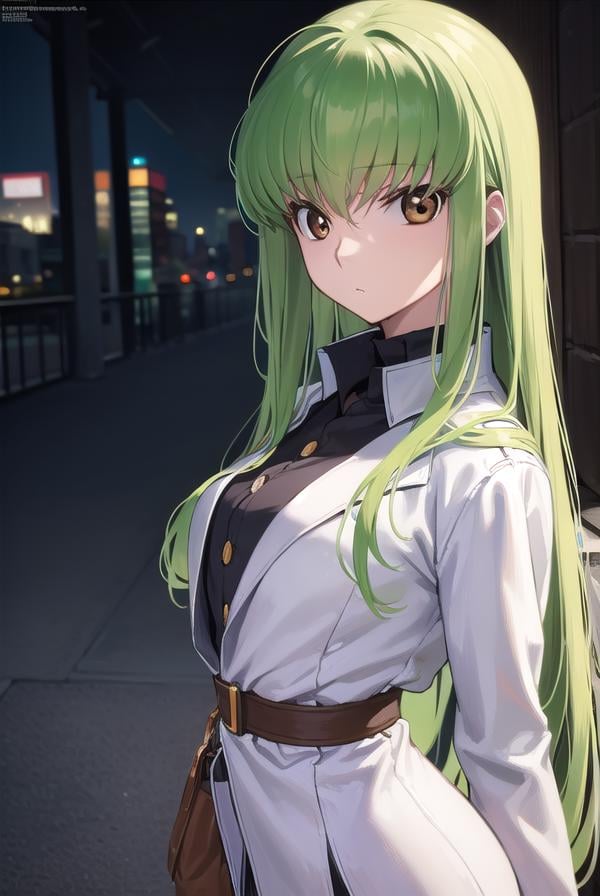 codegeasscc, <lora:codegeasscc-lora-nochekaiser:1>, cc, (brown eyes:1.5), green hair, long hair, straight hair,BREAK straitjacket, (white straitjacket:1.5), wide sleeves, belt, black belt,BREAK outdoors, city,BREAK looking at viewer, (cowboy shot:1.5),BREAK <lyco:GoodHands-beta2:1>, (masterpiece:1.2), best quality, high resolution, unity 8k wallpaper, (illustration:0.8), (beautiful detailed eyes:1.6), extremely detailed face, perfect lighting, extremely detailed CG, (perfect hands, perfect anatomy),