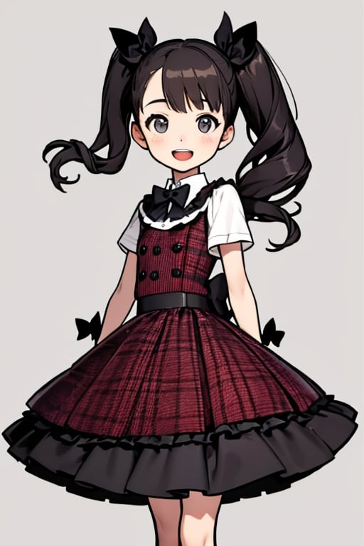 (white background:1.2), (no background:1.2), The girl has an open mouth, (masterpiece:1.2), (highest quality:1.2), Create a photo realistic image of a young girl in a purple plaid dress.  The dress has a white collar and a black bow tie. The dress has a row of white buttons down the front. The girl has dark hair pulled back in a ponytail. The background is a plain gray color.
