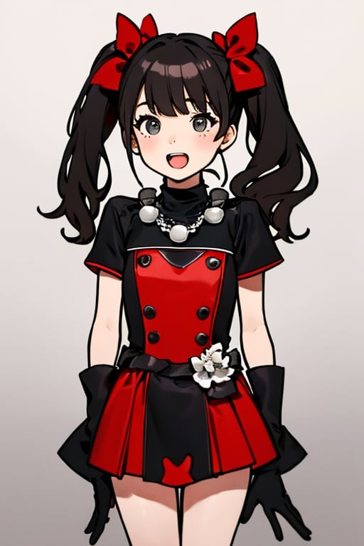 The girl has an open mouth. She is a girl wearing a black and red costume and a red necklace. She is a little girl doing sign language with her both hands wearing her black gloves. The girl has her dark hair styled into two high ponytails decorated with silver ribbons. The background is a gray wall.