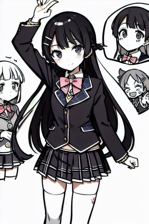 tsukino mito, long hair, virtual youtuber, skirt, thighhighs, black hair, jacket, bow, blazer, black jacket, hairclip, hair ornament, white thighhighs, bangs, braid, pleated skirt, pink bow, school uniform, bowtie, very long hair, long sleeves, shirt, collared shirt, white shirt, blue eyes, pink bowtie, plaid skirt, plaid, black skirt, miniskirt, standing,  