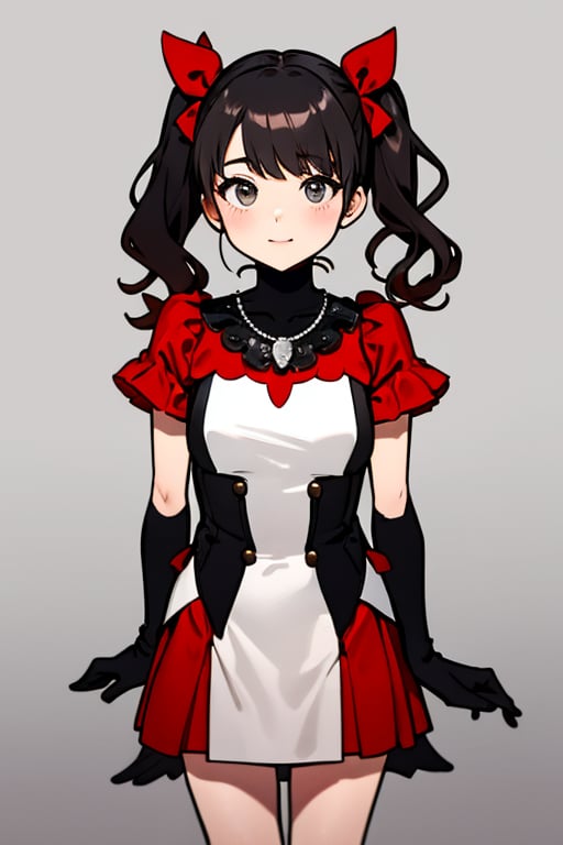 The girl is wearing a black and red costume and a red necklace. She is a little girl doing sign language with her both hands wearing her black gloves. The girl has her dark hair styled into two high ponytails decorated with silver ribbons. Her background is a gray wall.