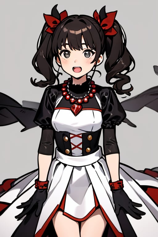 The girl has an open mouth. She is a girl wearing a black and red costume and a red necklace. She is a little girl doing sign language with her both hands wearing her black gloves. The girl has her dark hair styled into two high ponytails decorated with silver ribbons. The background is a gray wall.