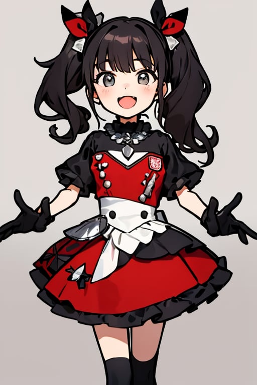 The girl has an open mouth. (masterpiece:1.2), (highest quality:1.2), She is a girl wearing a black and red costume and a red necklace. She is a little girl doing sign language with her both hands wearing her black gloves. The girl has her dark hair styled into two high ponytails decorated with silver ribbons. The background is a gray wall.,1girl