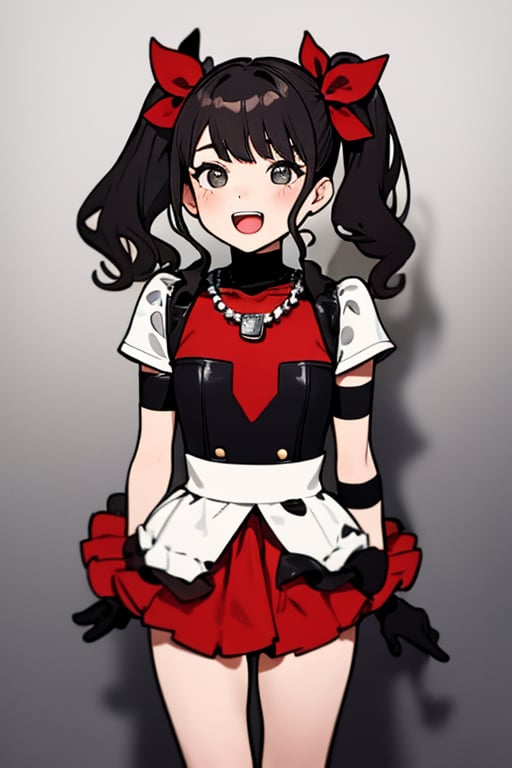 The girl has an open mouth. She is a girl wearing a black and red costume and a red necklace. She is a little girl doing sign language with her both hands wearing her black gloves. The girl has her dark hair styled into two high ponytails decorated with silver ribbons. The background is a gray wall.