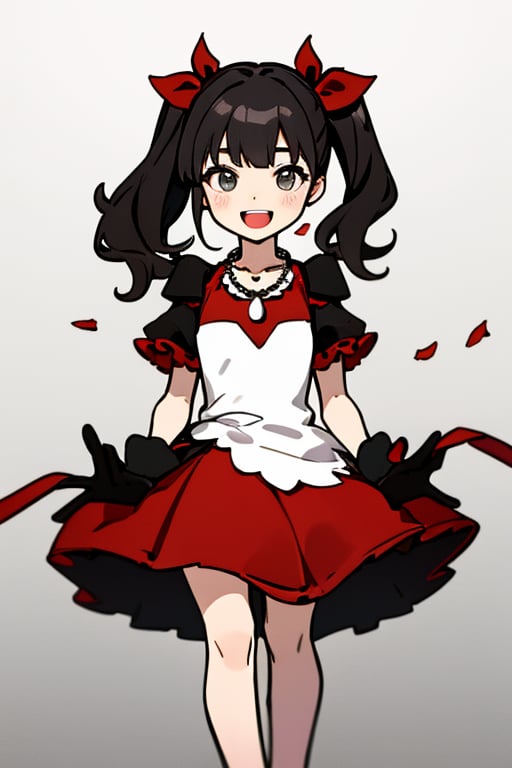 The girl has an open mouth. She is a girl wearing a black and red costume and a red necklace. She is a little girl doing sign language with her both hands wearing her black gloves. The girl has her dark hair styled into two high ponytails decorated with silver ribbons. The background is a gray wall.