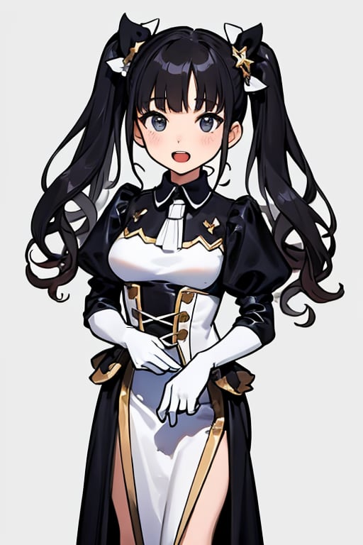 masterpiece,high zuality, a girl, arms at sides,(upright),standing,virtual youtuber,[[blush]],concept art, solo,1girl,((full length)),((looking at biewer)),((View front)),white background,simple background,

Black hair, detailed beautiful face,
 open mouth,
 wearing a white gold and black costume,
 