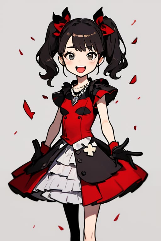 The girl has an open mouth. She is a girl wearing a black and red costume and a red necklace. She is a little girl doing sign language with her both hands wearing her black gloves. The girl has her dark hair styled into two high ponytails decorated with silver ribbons. The background is a gray wall.