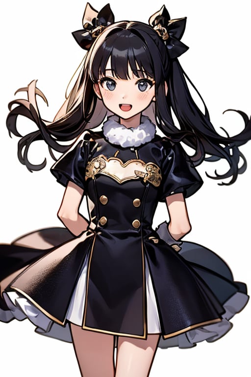 masterpiece,high zuality, a girl, arms at sides,(upright),standing,virtual youtuber,[[blush]],concept art, solo,1girl,((full length)),((looking at biewer)),((View front)),white background,simple background,

Black hair, detailed beautiful face,
 open mouth,
 wearing a white gold and black costume,
 