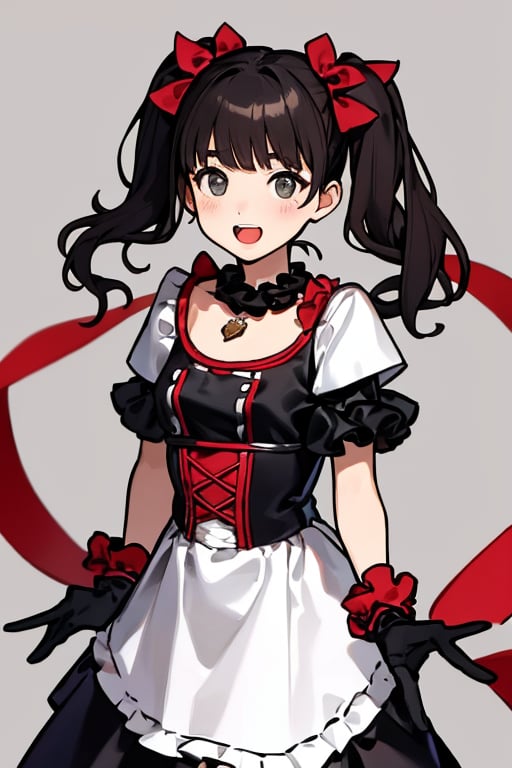 The girl has an open mouth. (masterpiece:1.2), (highest quality:1.2), She is a girl wearing a black and red costume and a red necklace. She is a little girl doing sign language with her both hands wearing her black gloves. The girl has her dark hair styled into two high ponytails decorated with silver ribbons. The background is a gray wall.