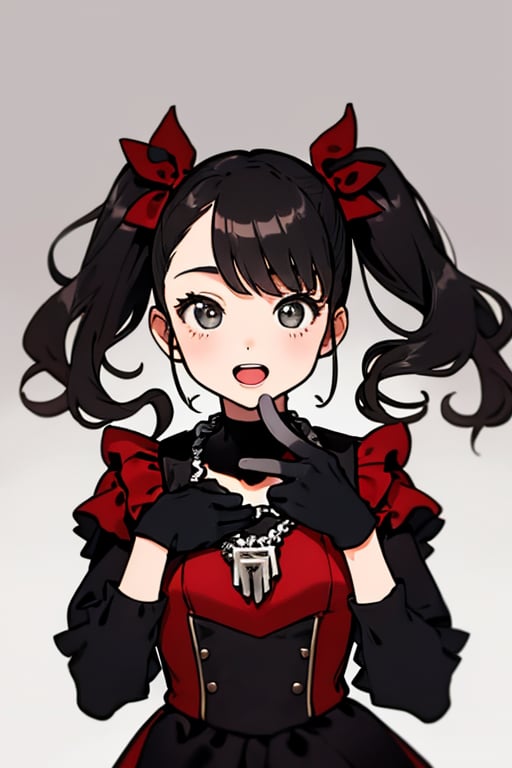 The girl has an open mouth. (masterpiece:1.2), (highest quality:1.2), She is a girl wearing a black and red costume and a red necklace. She is a little girl doing sign language with her both hands wearing her black gloves. The girl has her dark hair styled into two high ponytails decorated with silver ribbons. The background is a gray wall.,1girl