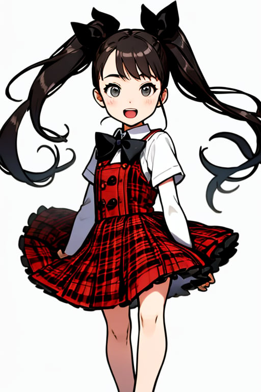 (white background:1.2), (no background:1.2), The girl has an open mouth, (masterpiece:1.2), (highest quality:1.2), Create a photo realistic image of a young girl in a purple plaid dress.  The dress has a white collar and a black bow tie. The dress has a row of white buttons down the front. The girl has dark hair pulled back in a ponytail. The background is a plain gray color.
