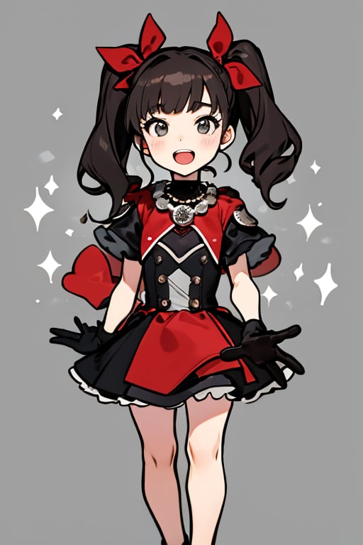 The girl has an open mouth. She is a girl wearing a black and red costume and a red necklace. She is a little girl doing sign language with her both hands wearing her black gloves. The girl has her dark hair styled into two high ponytails decorated with silver ribbons. The background is a gray wall.