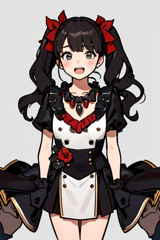 The girl has an open mouth. She is a girl wearing a black and red costume and a red necklace. She is a little girl doing sign language with her both hands wearing her black gloves. The girl has her dark hair styled into two high ponytails decorated with silver ribbons. The background is a gray wall.