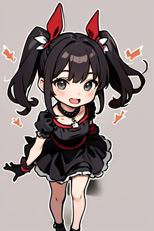 The girl has an open mouth. (masterpiece:1.2), (highest quality:1.2), She is a girl wearing a black and red costume and a red necklace. She is a little girl doing sign language with her both hands wearing her black gloves. The girl has her dark hair styled into two high ponytails decorated with silver ribbons. The background is a gray wall.