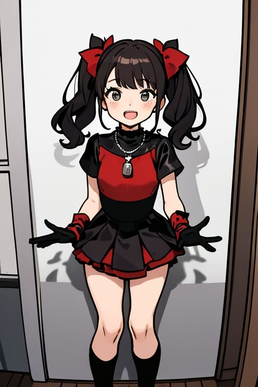 The girl has an open mouth. She is a girl wearing a black and red costume and a red necklace. She is a little girl doing sign language with her both hands wearing her black gloves. The girl has her dark hair styled into two high ponytails decorated with silver ribbons. The background is a gray wall.