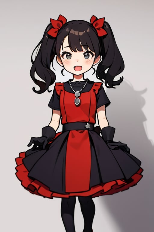 The girl has an open mouth. She is a girl wearing a black and red costume and a red necklace. She is a little girl doing sign language with her both hands wearing her black gloves. The girl has her dark hair styled into two high ponytails decorated with silver ribbons. The background is a gray wall.