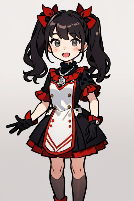 The girl has an open mouth. She is a girl wearing a black and red costume and a red necklace. She is a little girl doing sign language with her both hands wearing her black gloves. The girl has her dark hair styled into two high ponytails decorated with silver ribbons. The background is a gray wall.