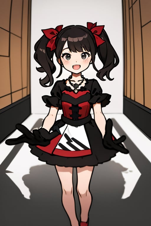 The girl has an open mouth. (masterpiece:1.2), (highest quality:1.2), She is a girl wearing a black and red costume and a red necklace. She is a little girl doing sign language with her both hands wearing her black gloves. The girl has her dark hair styled into two high ponytails decorated with silver ribbons. The background is a gray wall.