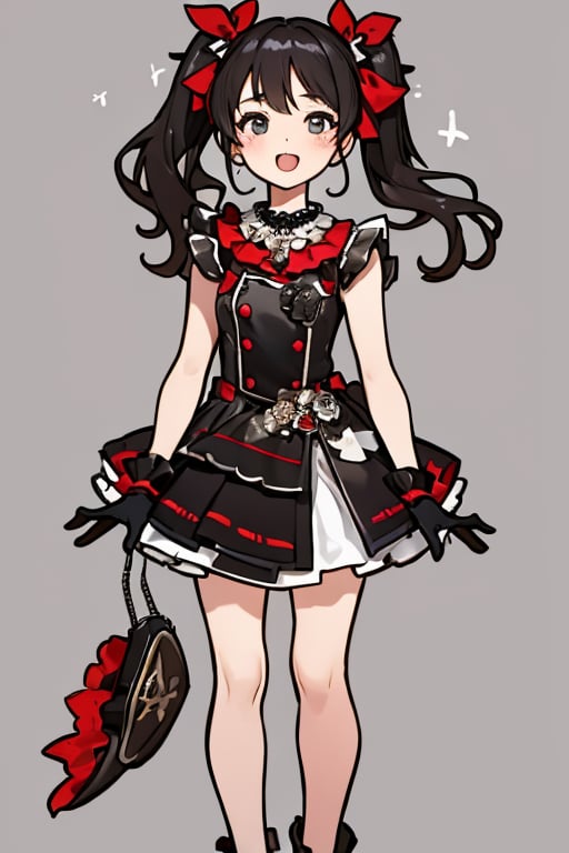 The girl has an open mouth. (masterpiece:1.2), (highest quality:1.2), She is a girl wearing a black and red costume and a red necklace. She is a little girl doing sign language with her both hands wearing her black gloves. The girl has her dark hair styled into two high ponytails decorated with silver ribbons. The background is a gray wall.,1girl