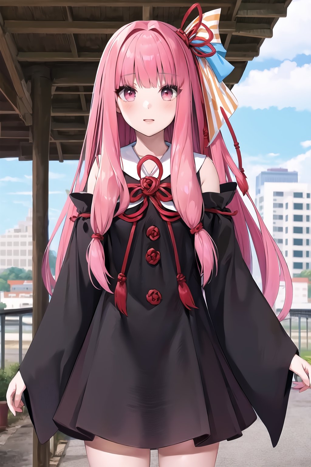 masterpiece, best quality, highres, ka1, pink hair, hair ribbon, black dress, detached sleeves, , outdoors, standing, cowboy shot,