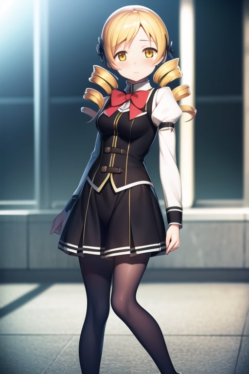 mamitomoe, , mami tomoe, blonde hair, drill hair, twin drills, (yellow eyes:1.3),
BREAK black pantyhose, black skirt, bowtie, juliet sleeves, long sleeves, mary janes, mitakihara school uniform, pantyhose, pleated skirt, puffy sleeves, red bow, school uniform, shadow, shoes, skirt, white footwear,
BREAK classroom,
BREAK looking at viewer,
BREAK , (masterpiece:1.2), best quality, high resolution, unity 8k wallpaper, (illustration:0.8), (beautiful detailed eyes:1.6), extremely detailed face, perfect lighting, extremely detailed CG, (perfect hands, perfect anatomy),
