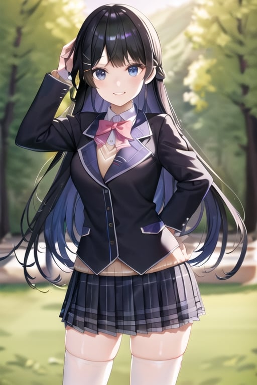 tsukino mito, long hair, virtual youtuber, skirt, thighhighs, black hair, jacket, bow, blazer, black jacket, hairclip, hair ornament, white thighhighs, bangs, braid, pleated skirt, pink bow, school uniform, bowtie, very long hair, long sleeves, shirt, collared shirt, white shirt, blue eyes, pink bowtie, plaid skirt, plaid, black skirt, miniskirt, standing, outdoors,  