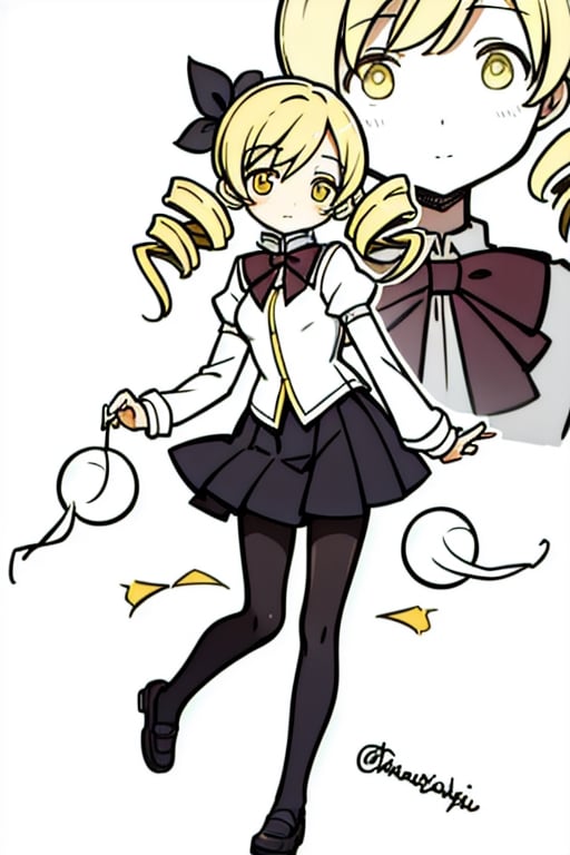 mamitomoe, , mami tomoe, blonde hair, drill hair, twin drills, (yellow eyes:1.3),BREAK black pantyhose, black skirt, bowtie, juliet sleeves, long sleeves, mary janes, mitakihara school uniform, pantyhose, pleated skirt, puffy sleeves, red bow, school uniform, shadow, shoes, skirt, white footwear,BREAK classroom,BREAK looking at viewer,BREAK , (masterpiece:1.2), best quality, high resolution, unity 8k wallpaper, (illustration:0.8), (beautiful detailed eyes:1.6), extremely detailed face, perfect lighting, extremely detailed CG, (perfect hands, perfect anatomy),