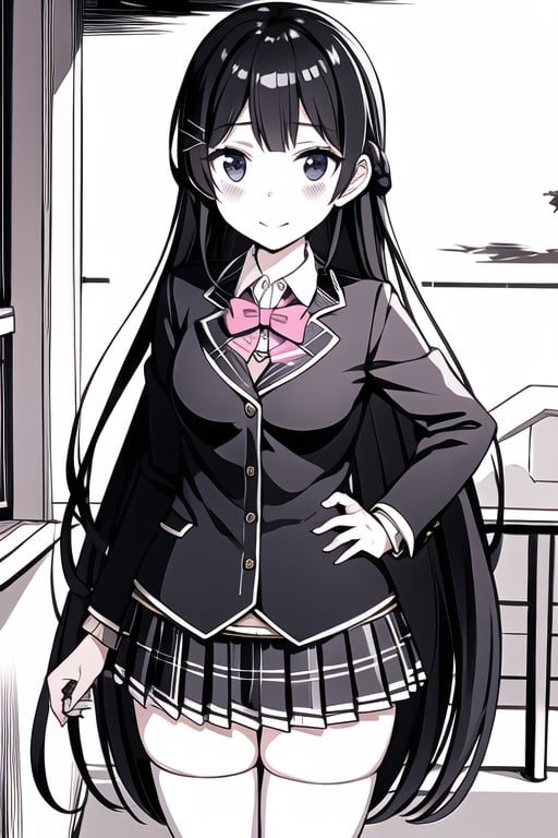 tsukino mito, long hair, virtual youtuber, skirt, thighhighs, black hair, jacket, bow, blazer, black jacket, hairclip, hair ornament, white thighhighs, bangs, braid, pleated skirt, pink bow, school uniform, bowtie, very long hair, long sleeves, shirt, collared shirt, white shirt, blue eyes, pink bowtie, plaid skirt, plaid, black skirt, miniskirt, standing, outdoors,  