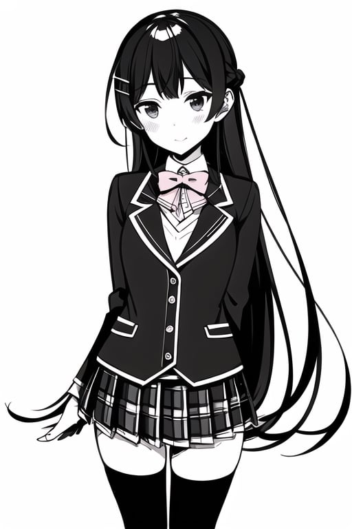 tsukino mito, long hair, virtual youtuber, skirt, thighhighs, black hair, jacket, bow, blazer, black jacket, hairclip, hair ornament, white thighhighs, bangs, braid, pleated skirt, pink bow, school uniform, bowtie, very long hair, long sleeves, shirt, collared shirt, white shirt, blue eyes, pink bowtie, plaid skirt, plaid, black skirt, miniskirt, standing,  