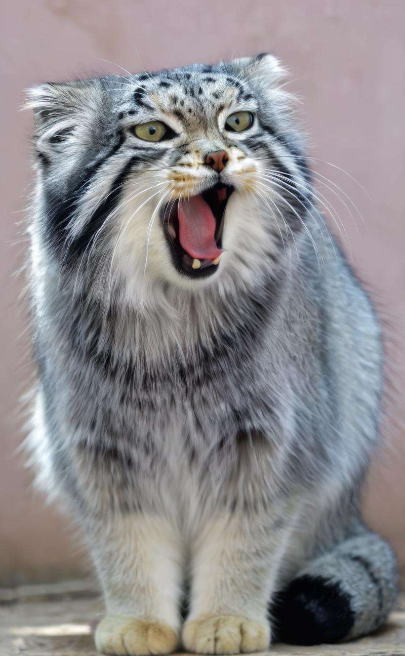 s4s the pallas's cat,opens its mouth wide in a typical yawn,showing tiredness or contentment,4K HD hi-res photo,realistic Hasselblad photography,natural light,<lora:s4sV1:0.8>,