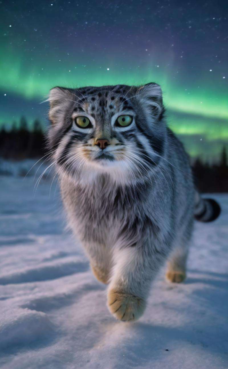 s4s the pallas's cat,hunting,run wildly toward viewer,cute and curious,Aurora Borealis Starlit Night background,4K HD hi-res photo,realistic Hasselblad photography,natural light,<lora:s4sV1:0.8>,