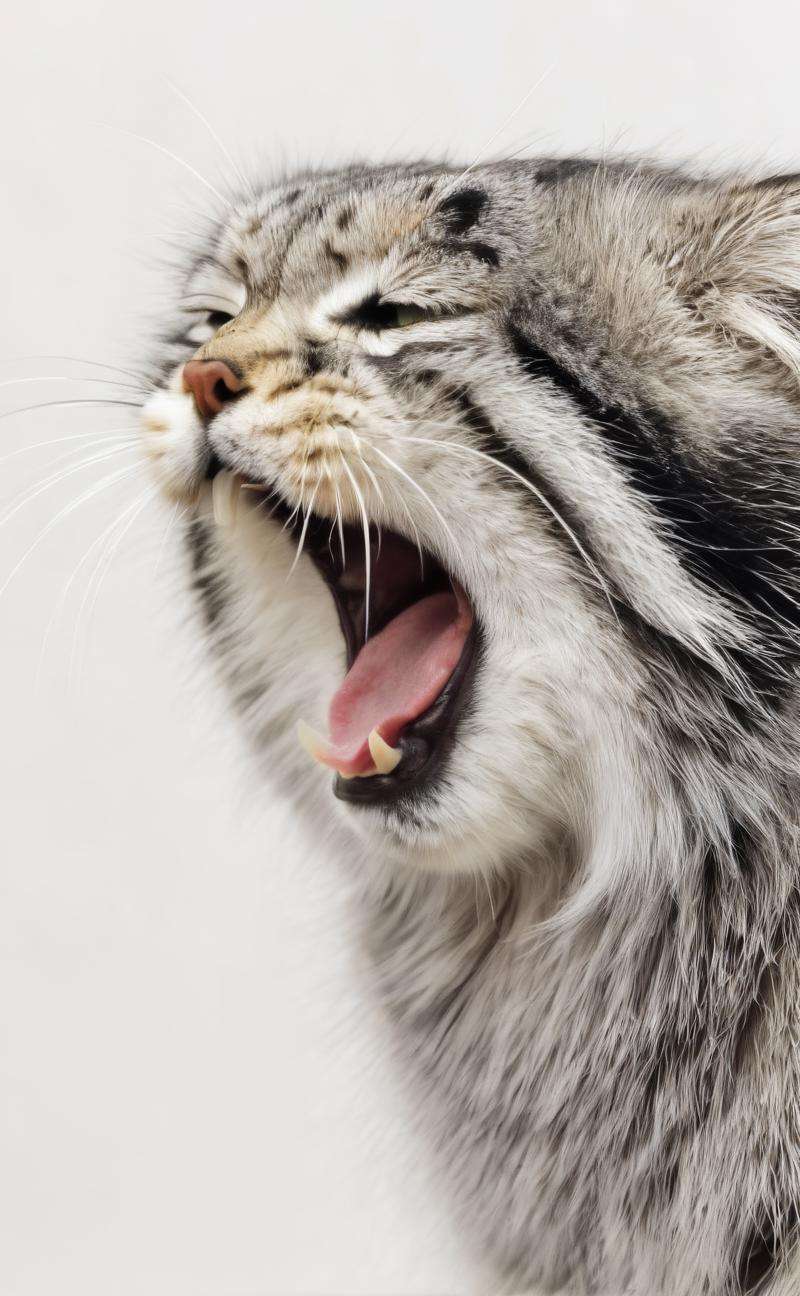 s4s the pallas's cat,opens its mouth wide in a typical yawn,showing tiredness or contentment,4K HD hi-res photo,realistic Hasselblad photography,natural light,white background,<lora:s4sV1:0.8>,