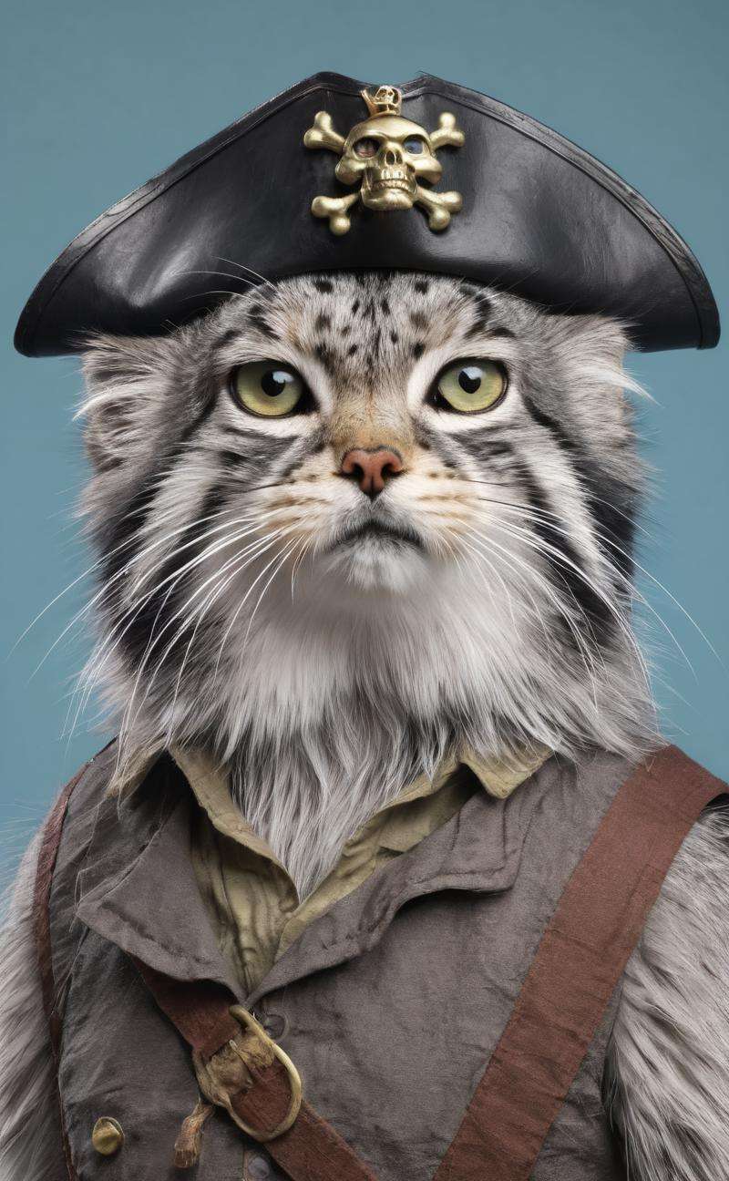 s4s the pallas's cat,Wearing a pirate hat, eye patch, and maybe even a small parrot on the shoulder,4K HD hi-res photo,realistic Hasselblad photography,studio light,disney cartoon character design,<lora:s4sV1:0.7>,