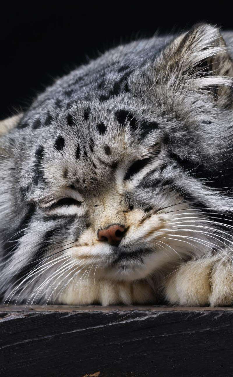 s4s the pallas's cat,half closed eyes sleeping,showing tiredness or contentment,4K HD hi-res photo,realistic Hasselblad photography,natural light,black background,<lora:s4sV1:0.8>,