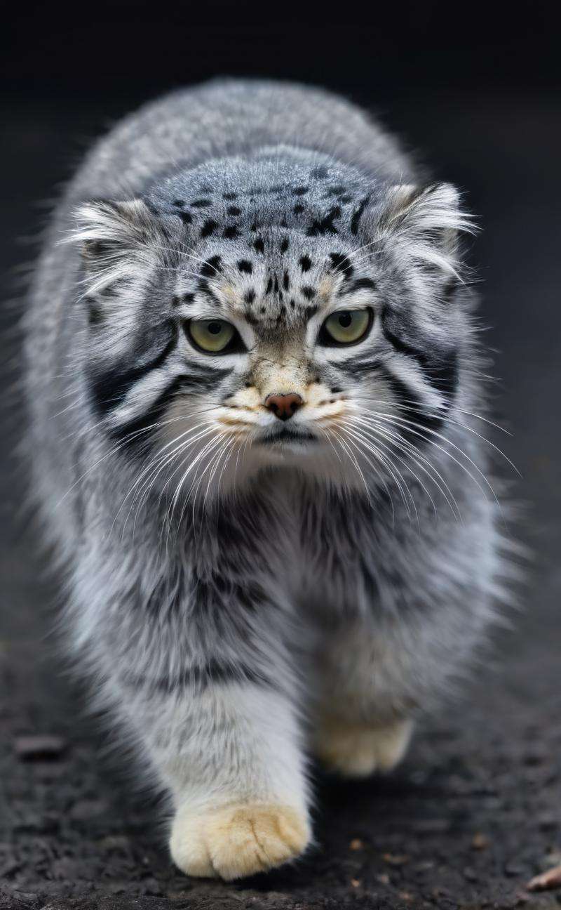 s4s the pallas's cat,hunting, run toward viewer,cute and curious,Gradient black background,4K HD hi-res photo,realistic Hasselblad photography,natural light,<lora:s4sV1:0.8>,