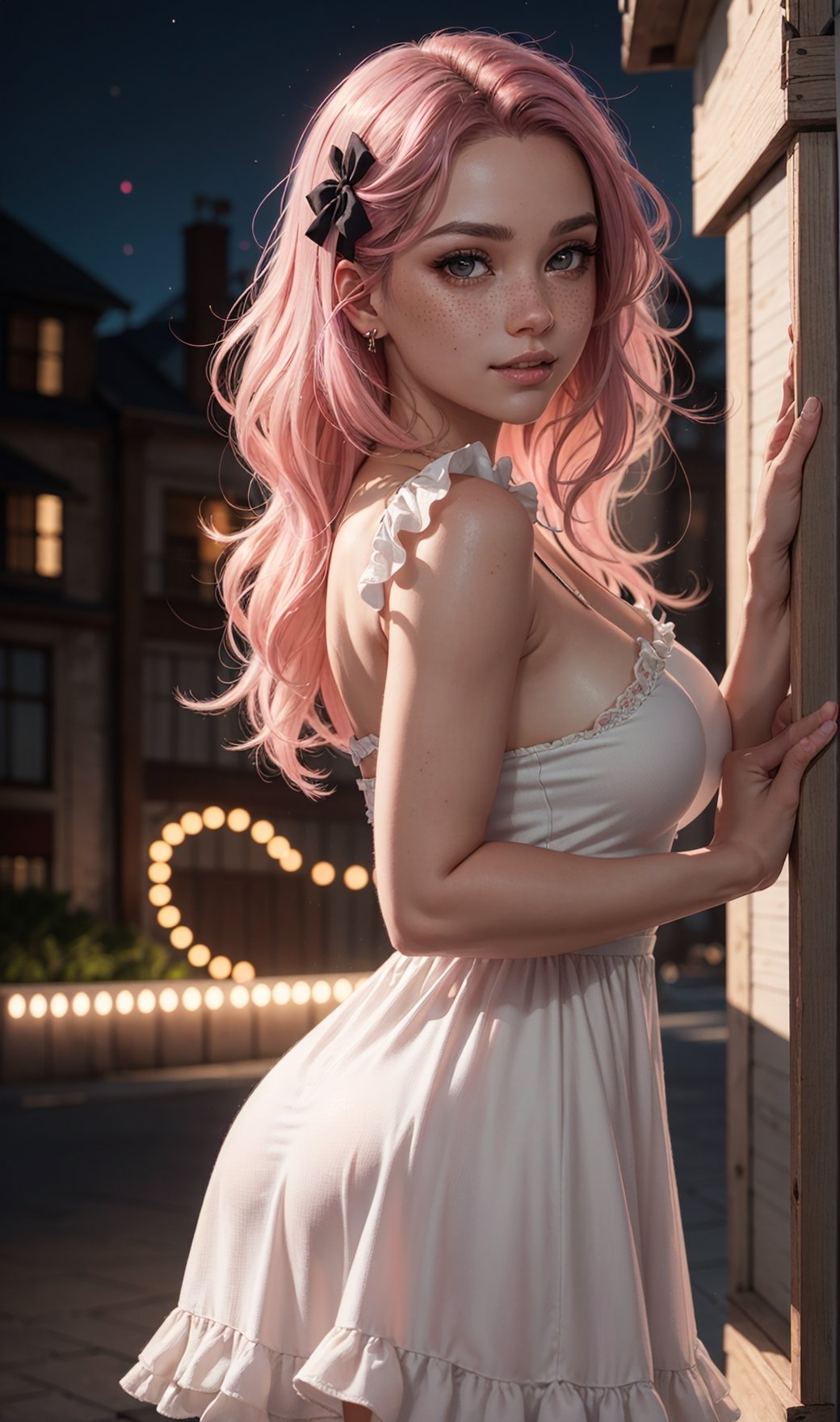 red green black eyes, rutkowski repin, wlop, natural pink hair realistic , image, bokeh, night, of an incredibly beautiful happy, woman anime style , large pefect eyes Jean-Baptiste Monge style, with highlights in her eyes, light freckles pink and white frilly dress and plaited hair with ribbons stanley artgerm lau style, wlop style, rossdraws style, outdoor hyper detailed , (((rich dark shadows))), Wlop, Artgem , artstation, cgsociety, 8K UHD, HDR