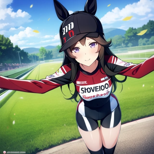 ((masterpiece, best quality)),,Rice Shower,(( Rice Shower(Racing clothes) )),thighhighs, hat,horse ears,town, petals, sky,,sunlight,waiking,smile,pov
