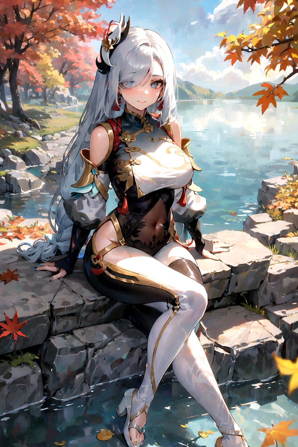 masterpiece, best quality, highres, 1girl, white hair, long hair, very long hair, hair ornament, hair over one eye, braid, braided ponytail, bangs, blue eyes, tassel earrings, bodysuit, black bodysuit, shoulder cutout, clothing cutout, hip vent, breast curtain, covered navel, gold trim, tassel, jewelry, black gloves, partially fingerless gloves, bridal gauntlets, bridal legwear, large breasts, high heels, toeless footwear, toes, toenails, toenail polish, aqua nails, shenhe \(genshin impact\), outdoors, (sandstone peaks, yellow sky, yellow leaves, steppe, autumn, autumn leaves, lake:1.2), sitting, slight smile, looking at viewer, 