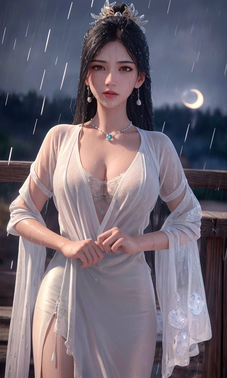 ultra realistic 8k cg, flawless,  tamari \(flawless\), professional artwork, famous artwork, cinematic lighting, cinematic bloom, perfect face, beautiful face, fantasy, dreamlike, unreal, science fiction,  luxury, jewelry, diamond, pearl, gem, sapphire, ruby, emerald, intricate detail, delicate pattern, charming, alluring, seductive, erotic, enchanting, hair ornament, necklace, earrings, bracelet, armlet,halo,(,1girl, (),best quality, )masterpiece, fantasy, realistic,science fiction,mole,  large breasts,cherry blossoms,wet clothes,lace, lace trim,   lace-trimmed legwear,(((Best quality, masterpiece, ultra high res, (photorealistic:1.4), raw photo, 1girl, wet clothes, rain, sweat, ,wet, night, moon,  )))  upper body, <lora:DA_南宫夕儿-少年歌行:0.6>