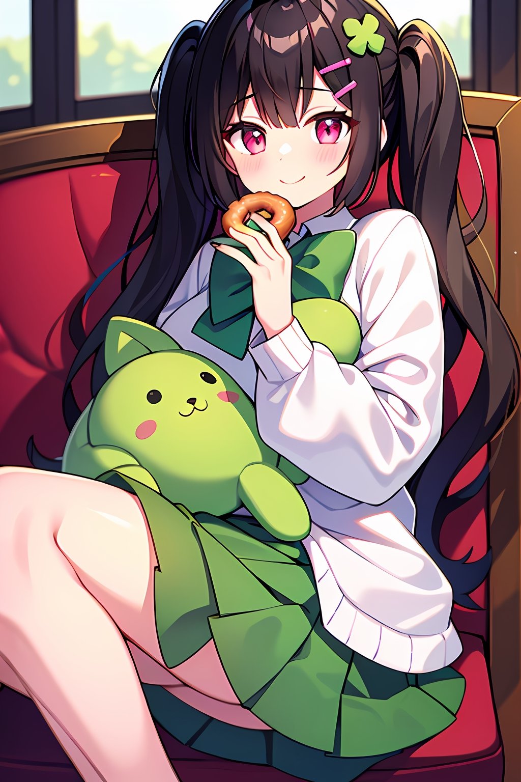 (absurdres, highres, ultra detailed, high resolution: 1.1)
BREAK
1 girl, solo, medium breasts, smile, blush,
BREAK
twintails, long hair, black hair, low twintails, bangs, green nails, nail polish, pink eyes,
BREAK
hair ornament, clover, bow, green bow, clover hair ornament, four-leaf clover, hairclip, bowtie, pink bow, four-leaf clover hair ornament, hair bow,
BREAK
shirt, skirt, collared shirt, white shirt, plaid, long sleeves, sweater,
BREAK
stuffed toy, stuffed animal, stuffed bunny, doughnut, food, looking at viewer,
BREAK
nice hands, perfect hands,