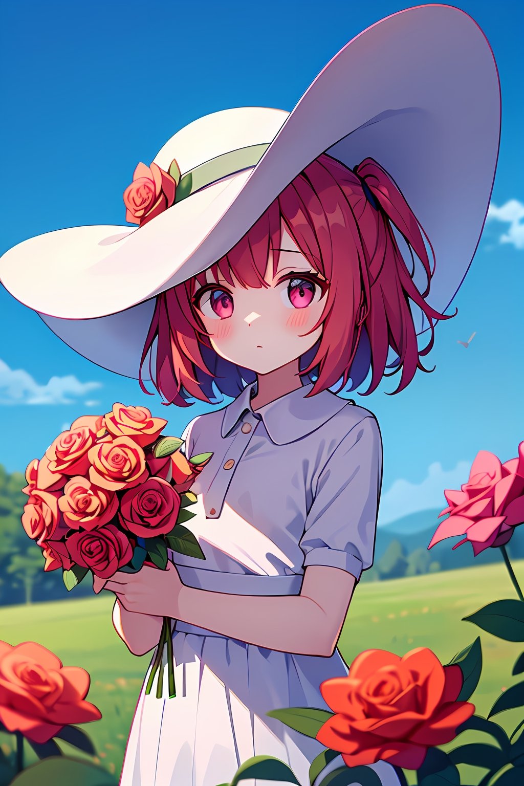 (absurdres, highres, ultra detailed, high resolution: 1.1)
BREAK
1 girl, petite, toddler, solo, small breasts, expressionless, blush,
BREAK
bangs, pink hair, pink eyes, medium hair,
BREAK
dress, hat, white dress, sun hat, white headwear,
BREAK
flowers, holding, bouquet, rose, flowers field, red flowers, holding flowers, red rose, holding bouquet, sky, cloud, outdoors, looking at viewer, depth of field,
BREAK
nice hands, perfect hands,