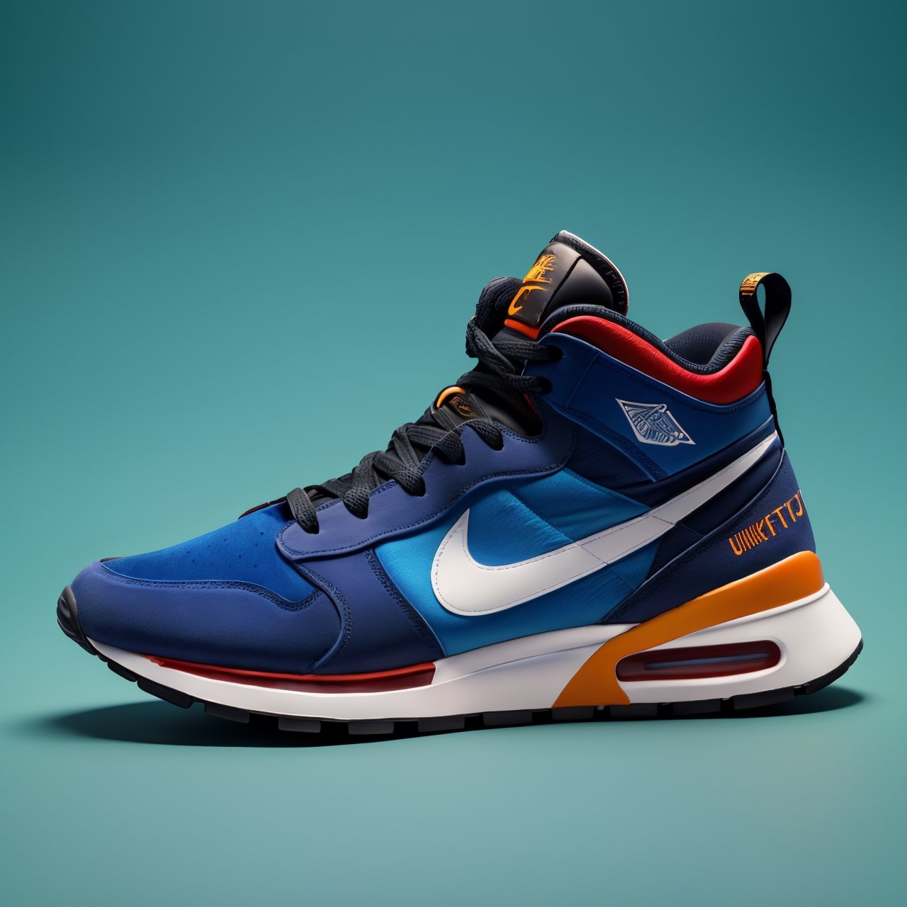 (Studio photography),(Concept design),(Highlighting unique sneakers with a commercial style),(set against a striking blue background),(crafted in cinematic, photorealistic detail),(and rendered in stunning 8K resolution).
