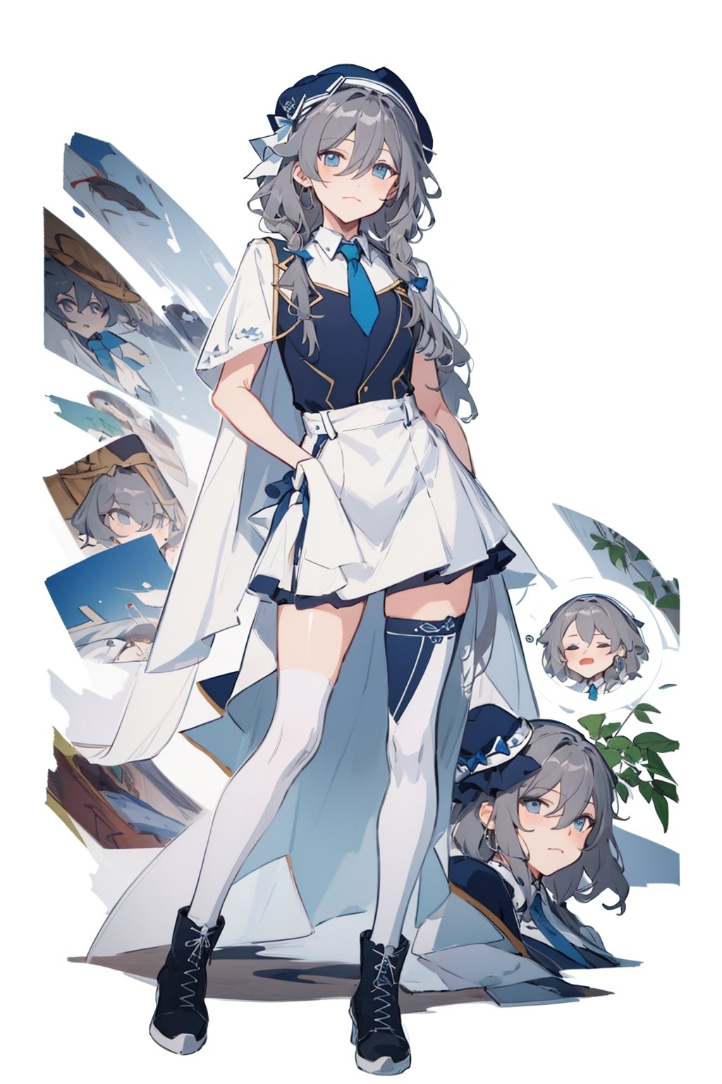 (masterpiece:1.3),(the best quality:1.2),(super fine illustrations:1.2),(Masterpiece),high quality,high detail,(white background:1.2),looking at viewer,(SOLO:1.4),outline,simple background,, hair ornament,hair between eyes,shirt,thighhighs,blue headwear,hat,boots,braid,skirt,necktie,grey hair,shorts,low-tied long hair,cheerleader,