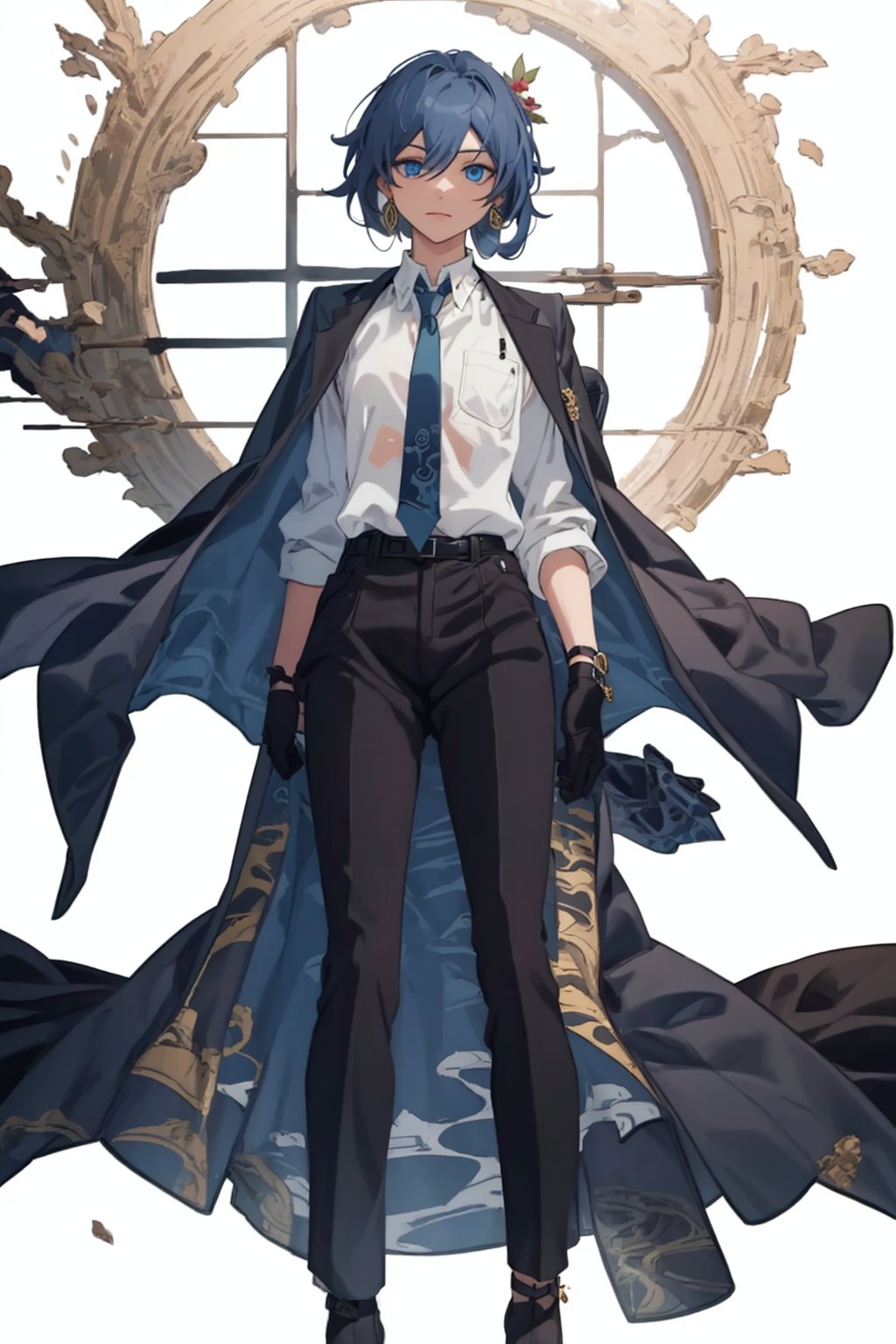 (masterpiece:1.3),(the best quality:1.2),(super fine illustrations:1.2),(Masterpiece),high quality,high detail,(white background:1.2),looking at viewer,(SOLO:1.4),outline,simple background,, necktie,gloves,jewelry,jacket on shoulders,blue eyes,black pants,belt,jacket,hair rings,hair stick,braid,hair ornament,blue necktie,collared shirt,white shirt,pants,hair between eyes,black footwear,earrings,black gloves,shirt,