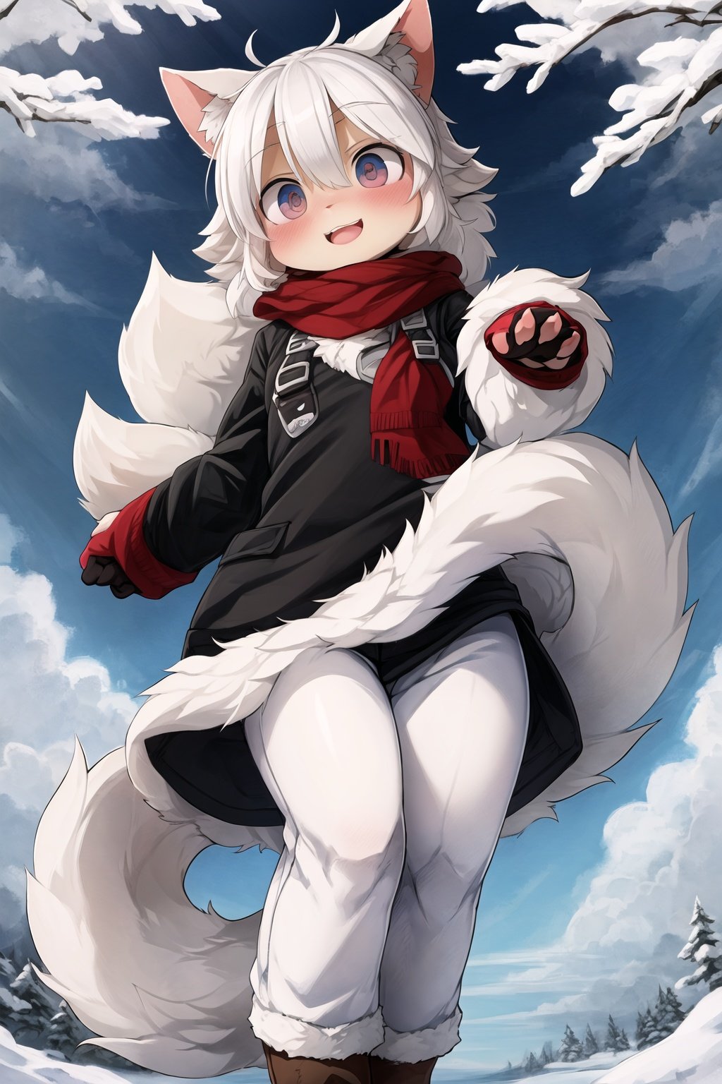  wolf, anthro, male, clothed, (((dagasi))), animal focus, (canine), (solo), cute eyes, paws, cute smile, ((symmetrical)), anatomically correct, masterpiece, best quality, detailed background, fullbody, kemono, standing, hair tuft,snow, coat, anime, fluffy tail,