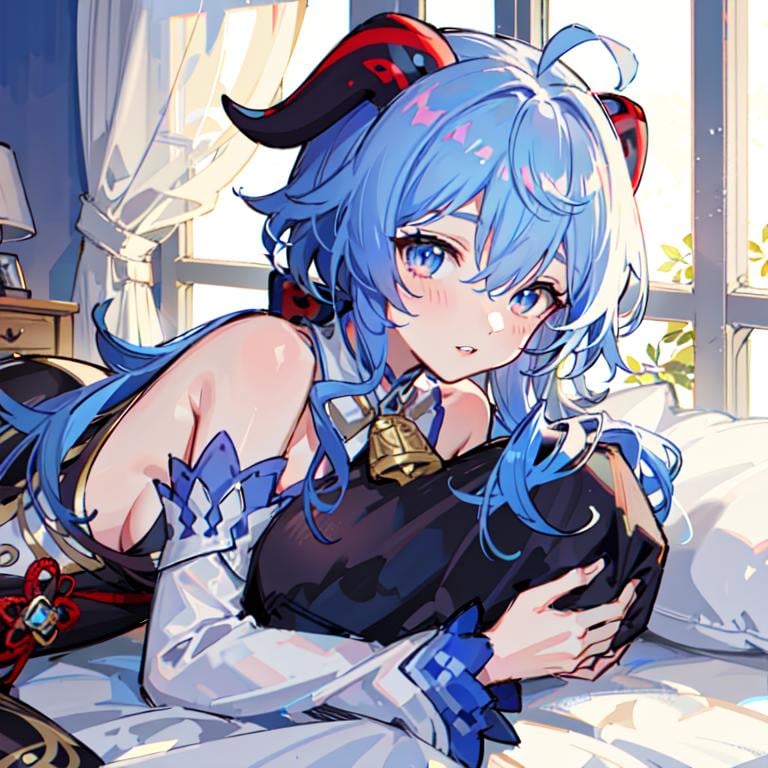 1girl, solo, ganyu (genshin impact), breasts, blue hair, horns, looking at viewer, on stomach, blush, lying, pillow, ahoge, long hair, detached sleeves, bare shoulders, bangs, bell, parted lips, indoors, blue eyes, goat horns, on bed, large breasts, sideboob, upper body, hair between eyes, white sleeves, medium breasts, neck bell, flower knot, pillow hug, sidelocks, long sleeves, curtains, window, <lora:ganyu2:0.75>